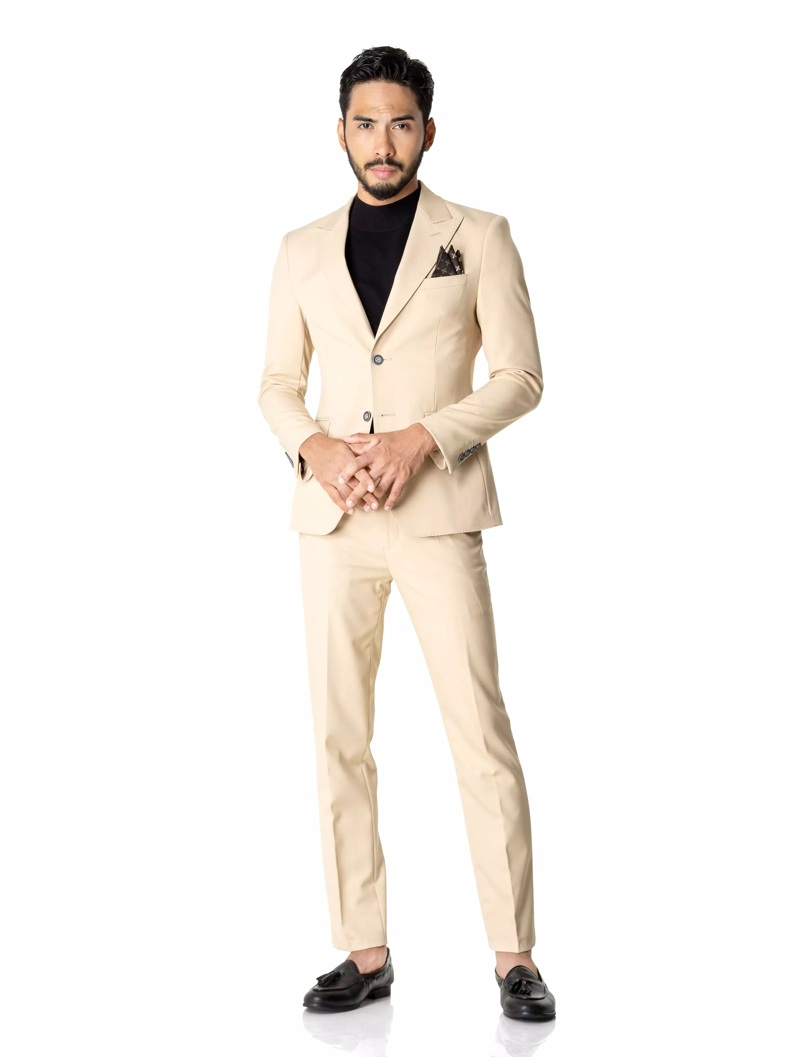 Single Breasted Suit Blazer - Beige Plain (Peak Lapel)