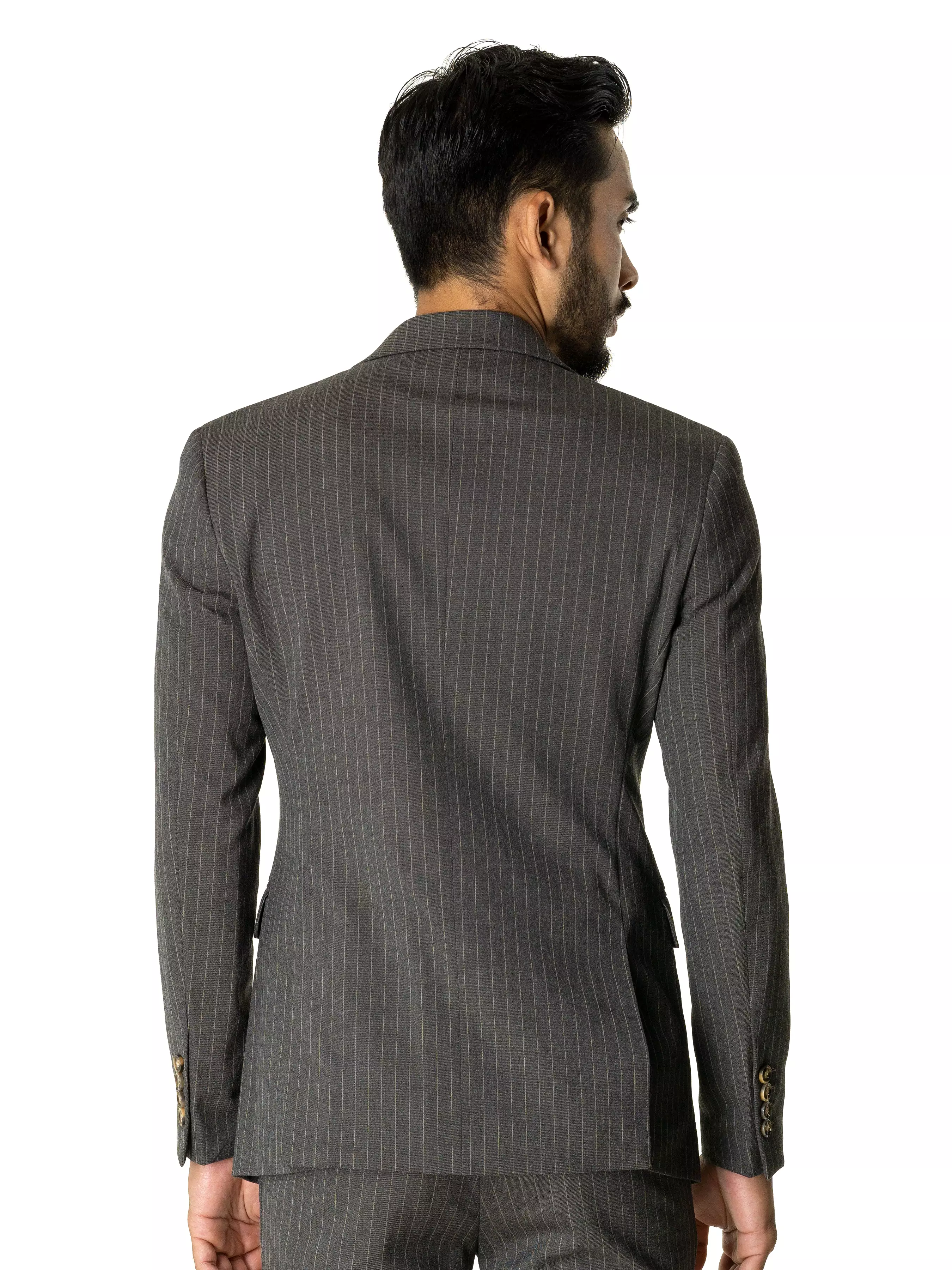 Single Breasted Suit Blazer - Dark Grey with Brown Pinstripes (Peak Lapel)