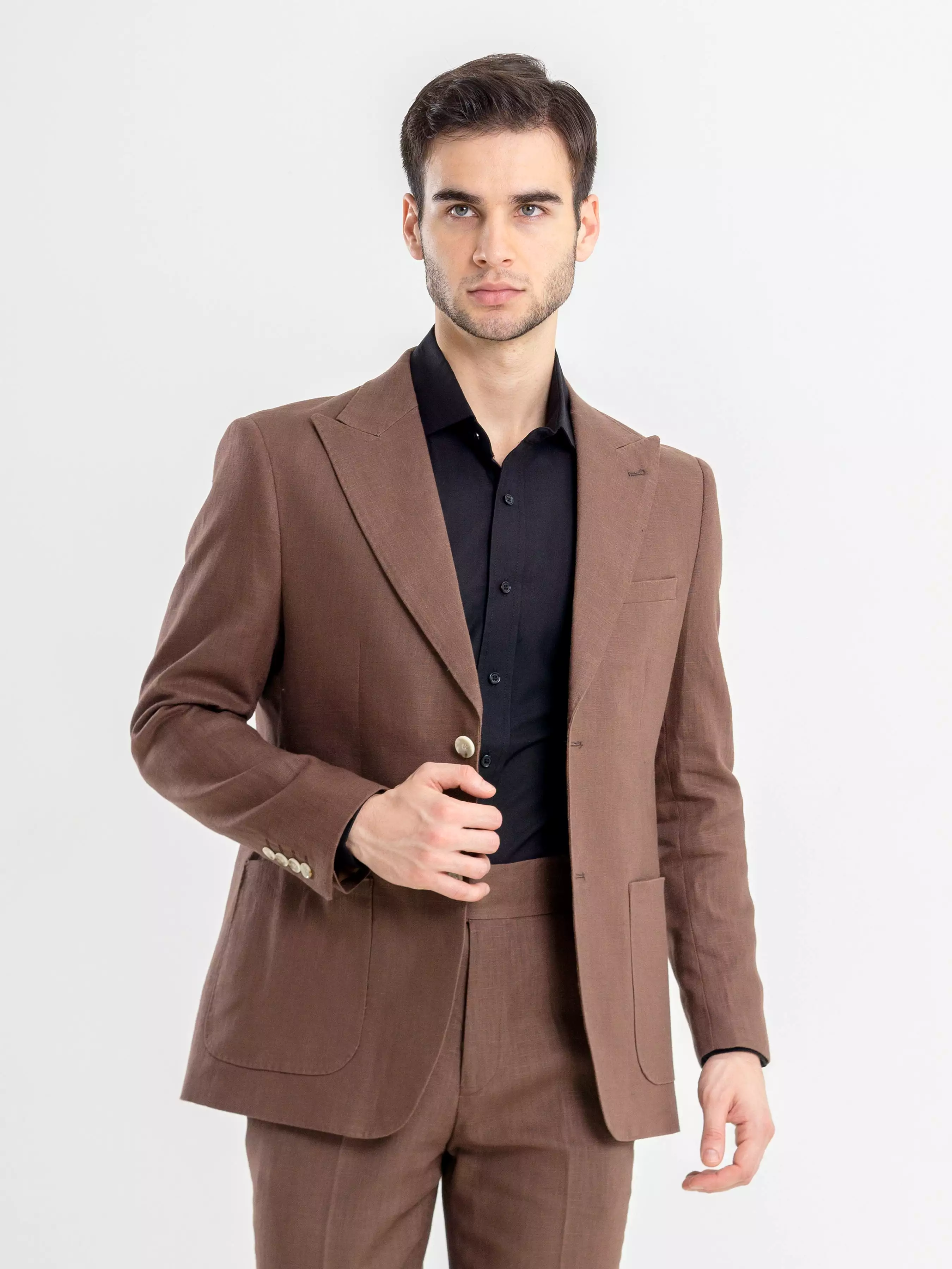 Single Breasted Suit Blazer - Linen Coffee Plain (Peak Lapel)