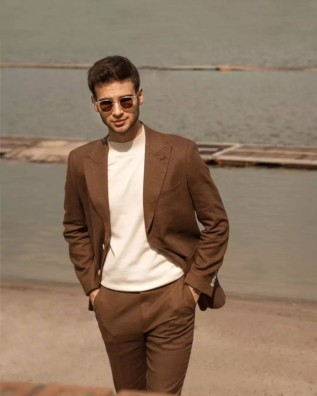 Single Breasted Suit Blazer - Linen Coffee Plain (Peak Lapel)