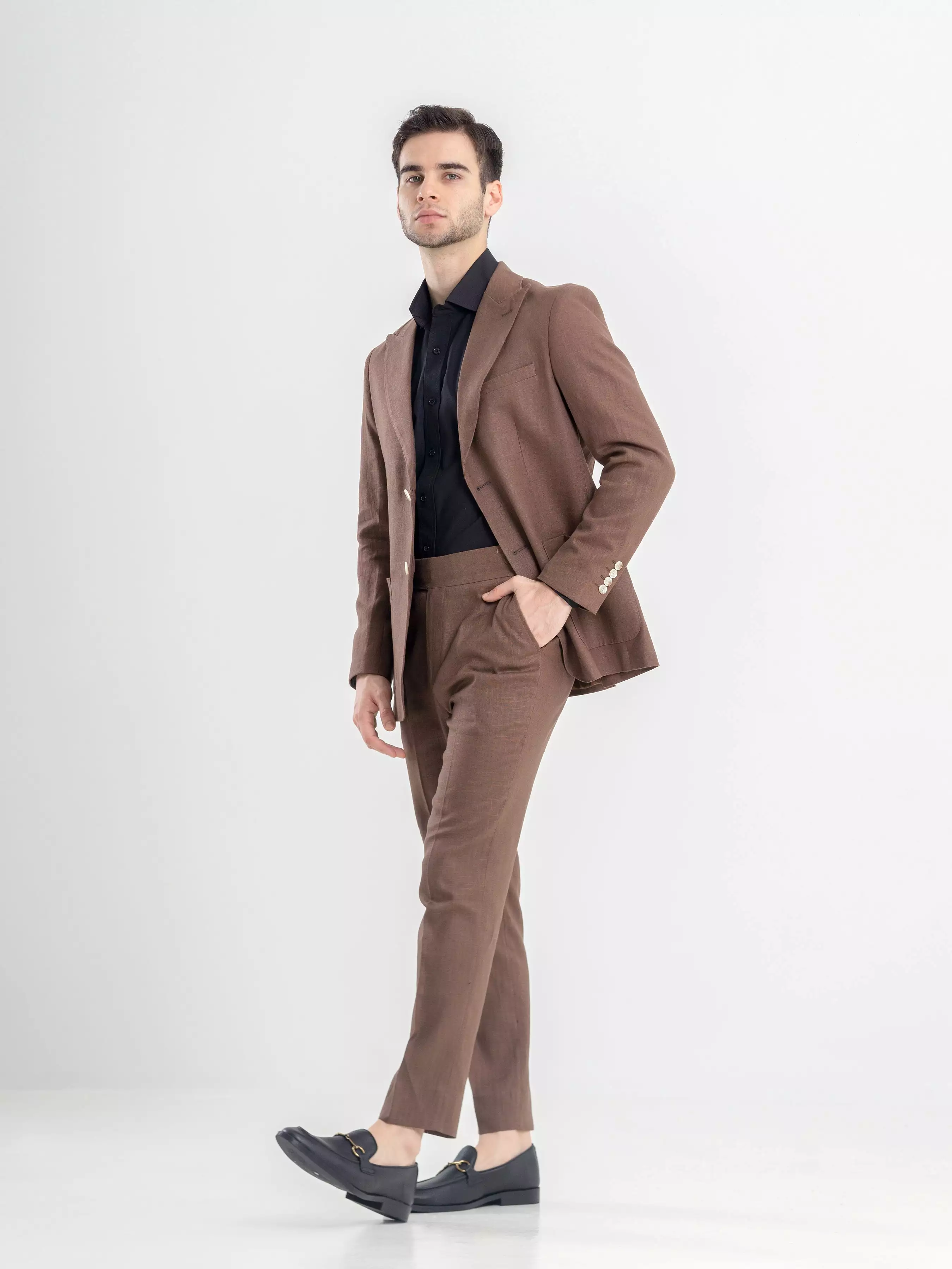 Single Breasted Suit Blazer - Linen Coffee Plain (Peak Lapel)