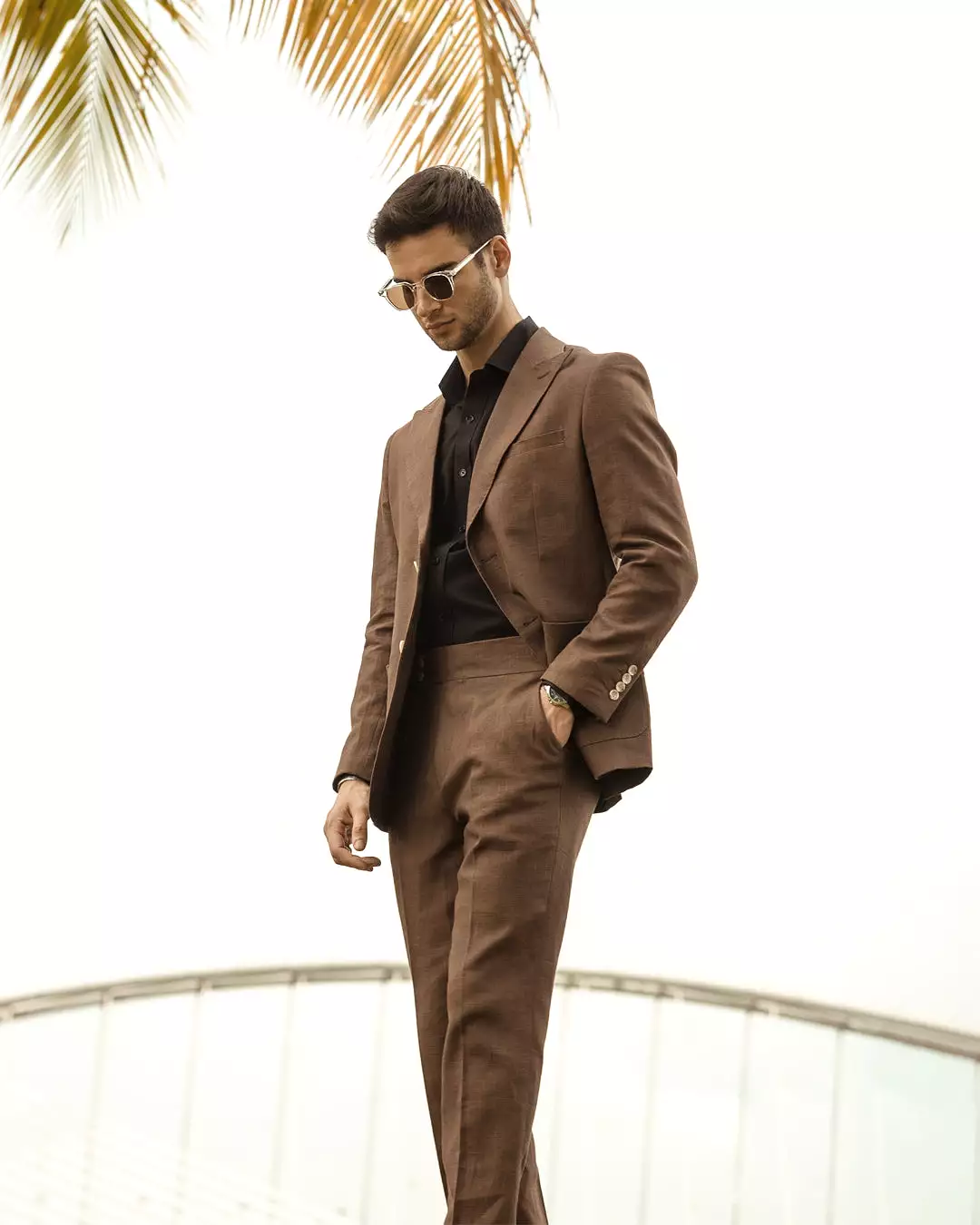 Single Breasted Suit Blazer - Linen Coffee Plain (Peak Lapel)