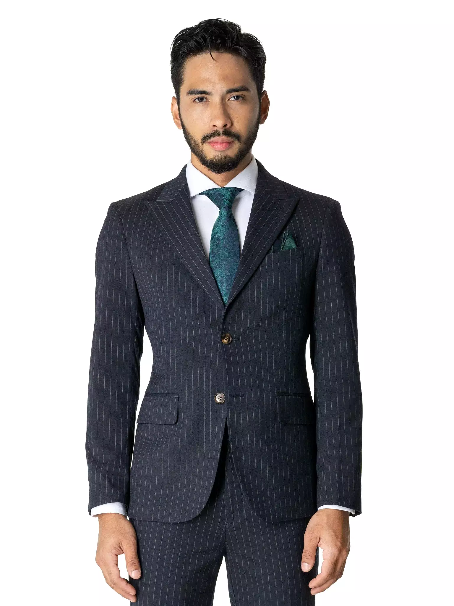 Single Breasted Suit Blazer - Navy Blue Pinstripes (Peak Lapel)