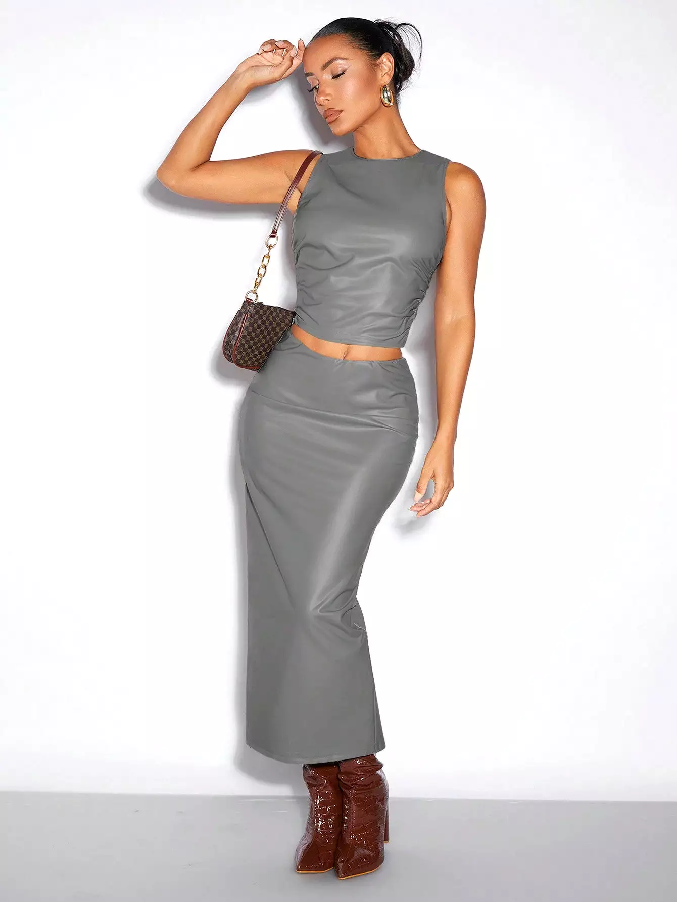 Solid PU Leather Tank Top & Pencil Skirt