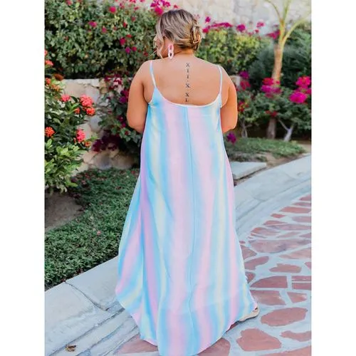 Strap Dress Elegant Collarless Printing Sleeveless Gradient Color Maxi Long Dress Casual