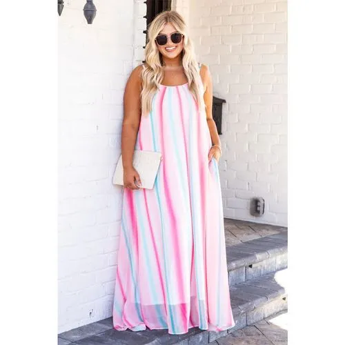 Strap Dress Elegant Collarless Printing Sleeveless Gradient Color Maxi Long Dress Casual