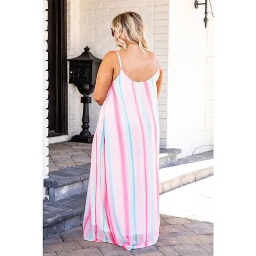 Strap Dress Elegant Collarless Printing Sleeveless Gradient Color Maxi Long Dress Casual