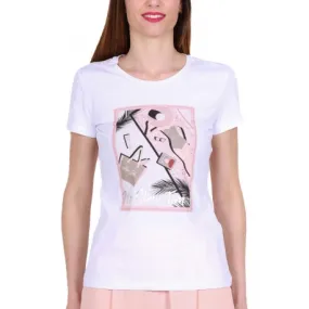 T-SHIRT GIROCOLLO CON STAMPA E STRASS, BIANCO