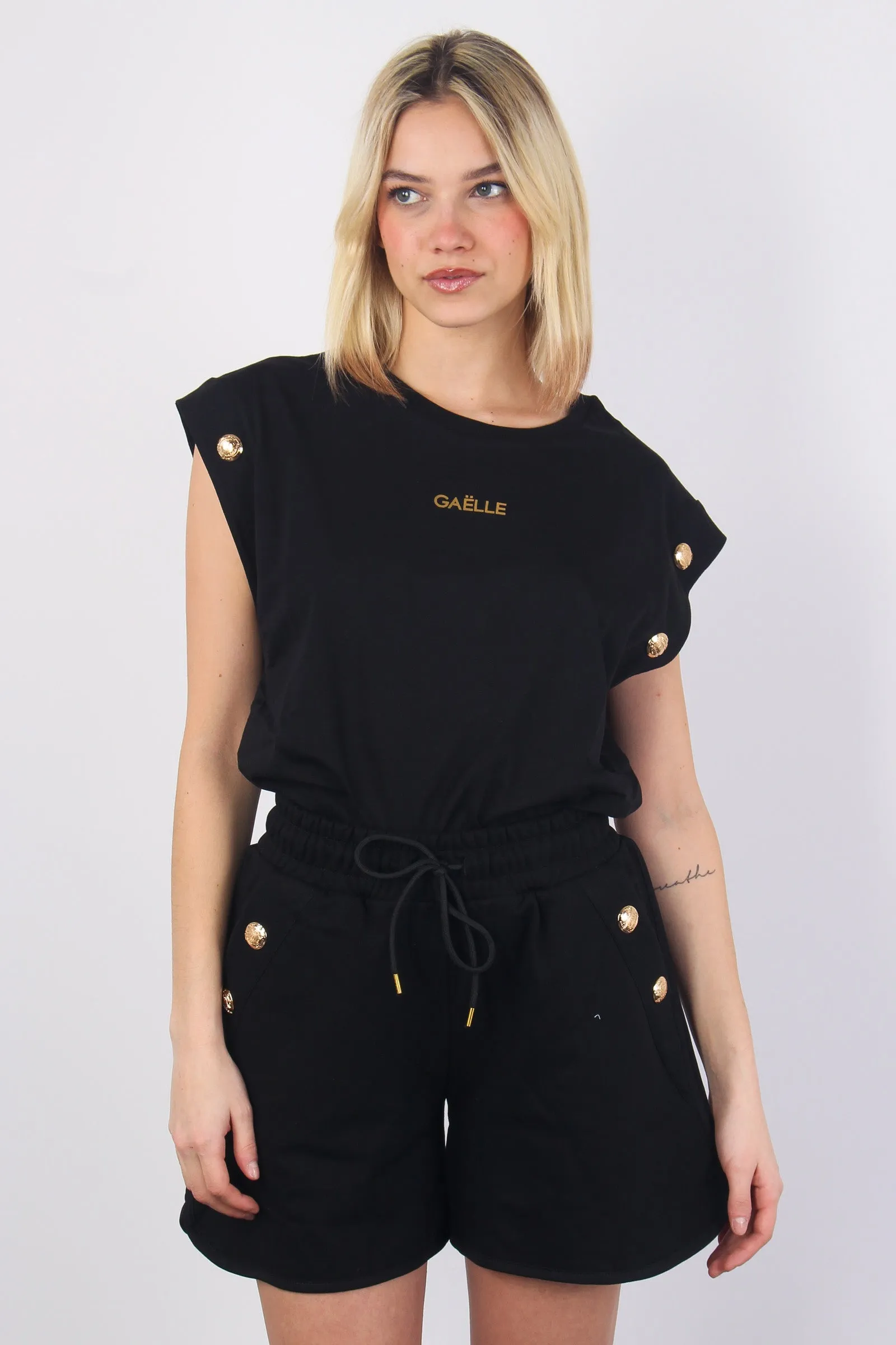 T-shirt Over Bottoni Oro Nero