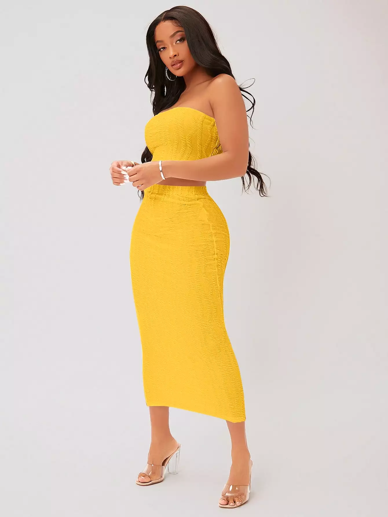 Textured Crop Tube Top Pencil Skirt Set