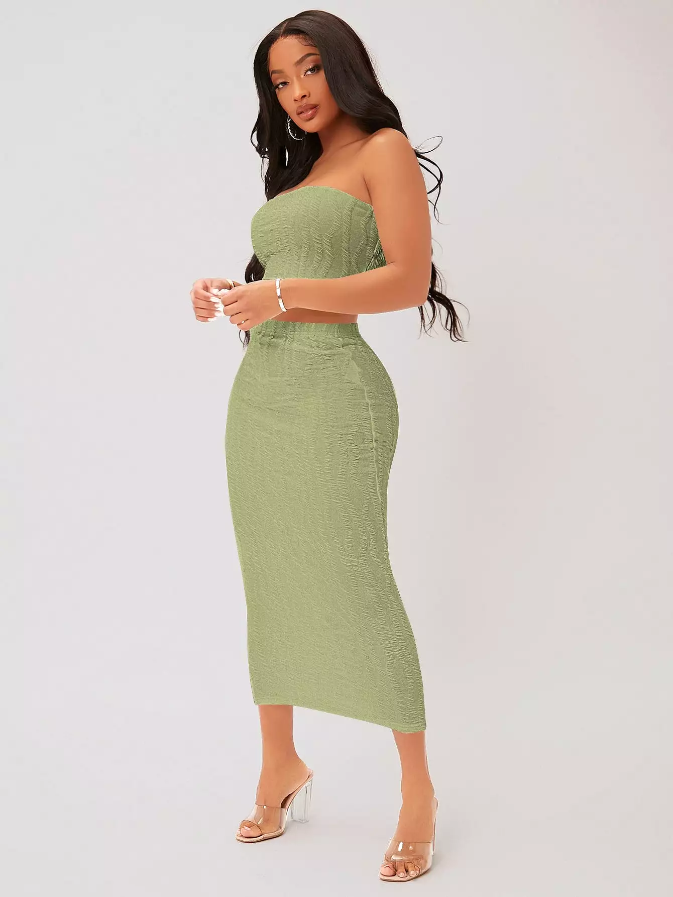 Textured Crop Tube Top Pencil Skirt Set