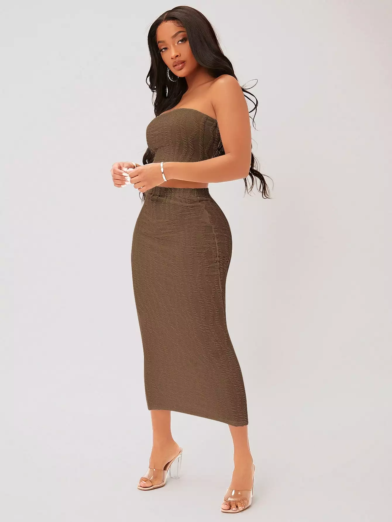 Textured Crop Tube Top Pencil Skirt Set