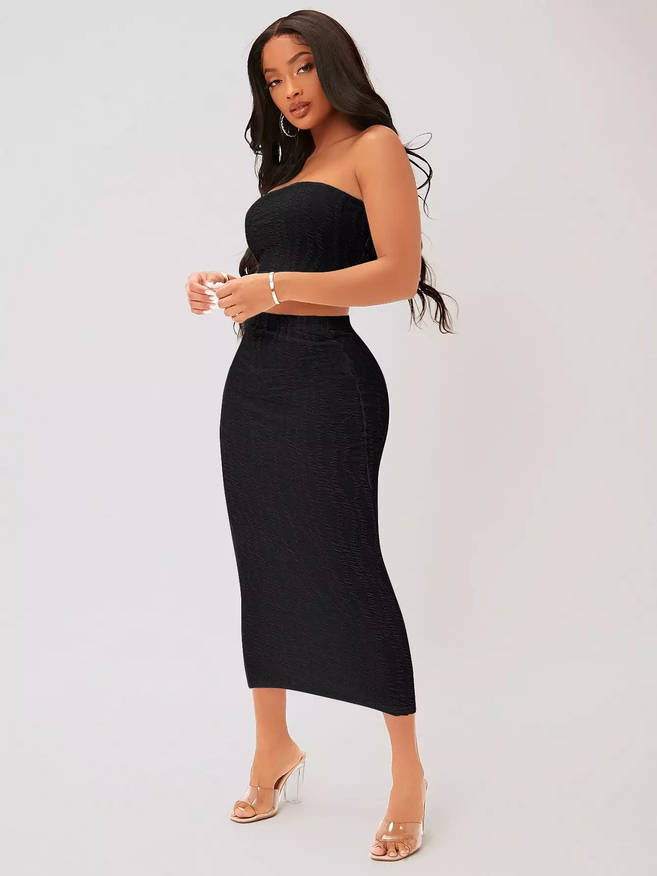 Textured Crop Tube Top Pencil Skirt Set