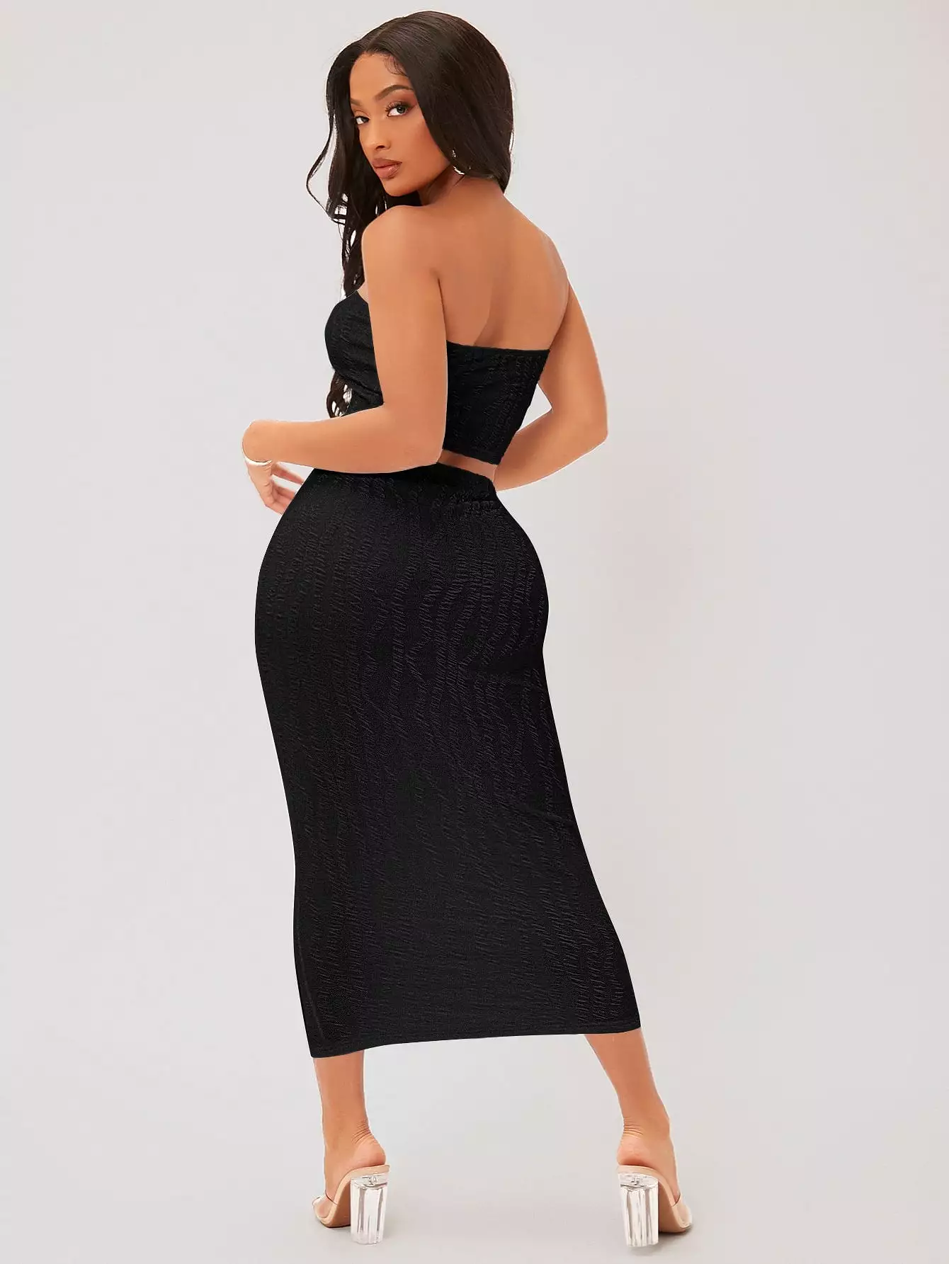 Textured Crop Tube Top Pencil Skirt Set