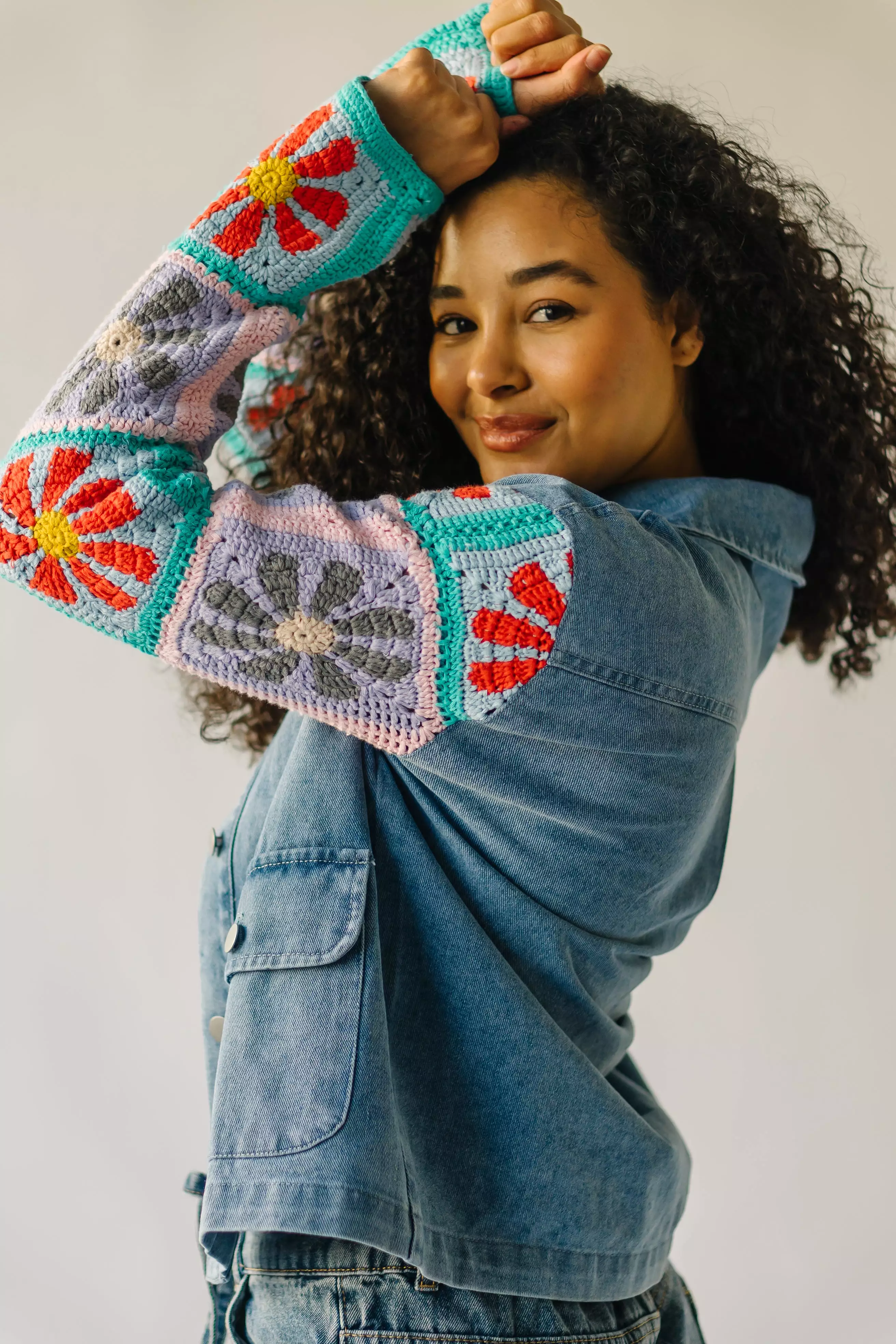 The Beesley Crochet Sleeve Jacket in Denim Blue Combo