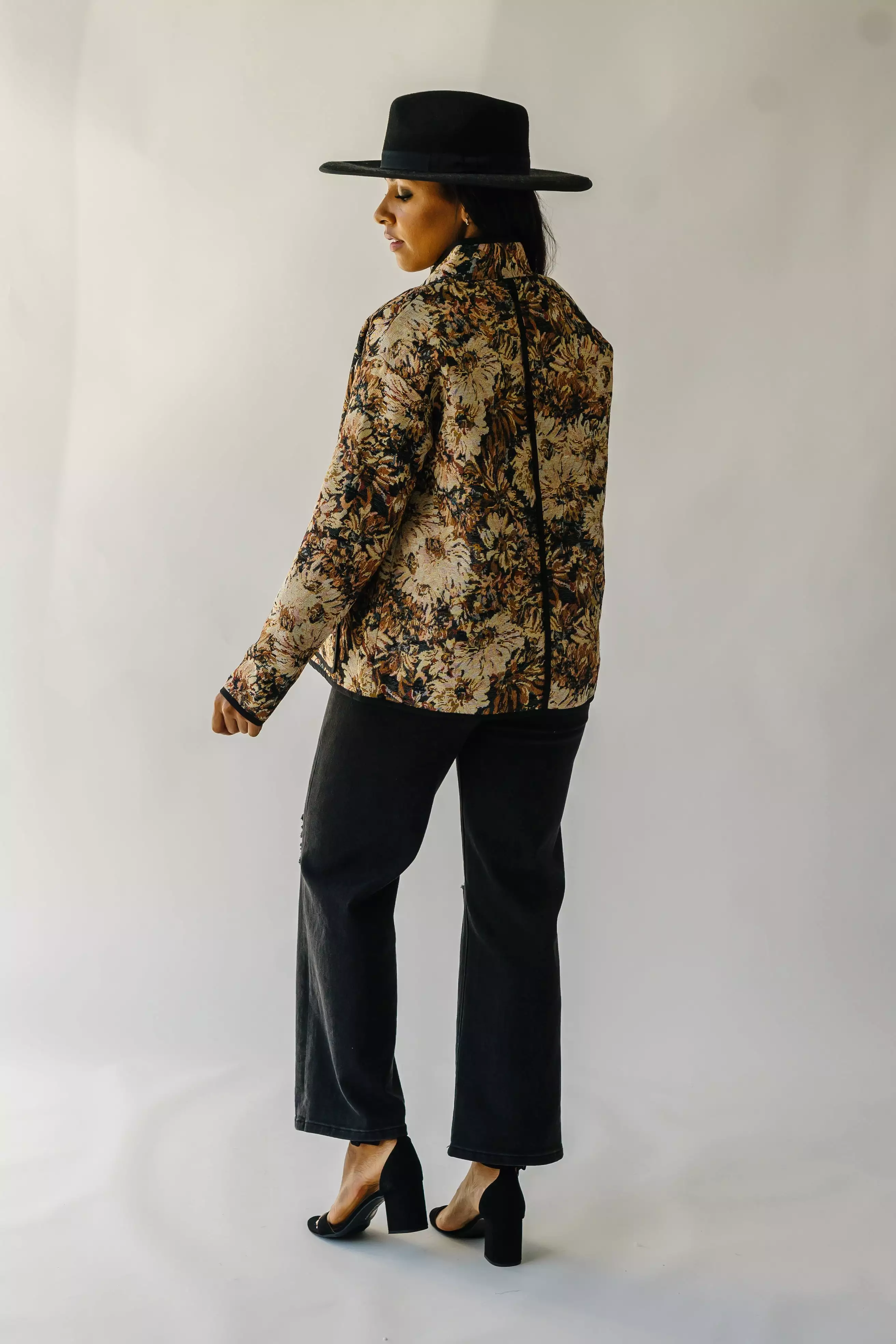 The Ellenton Floral Tapestry Jacket in Black + Natural