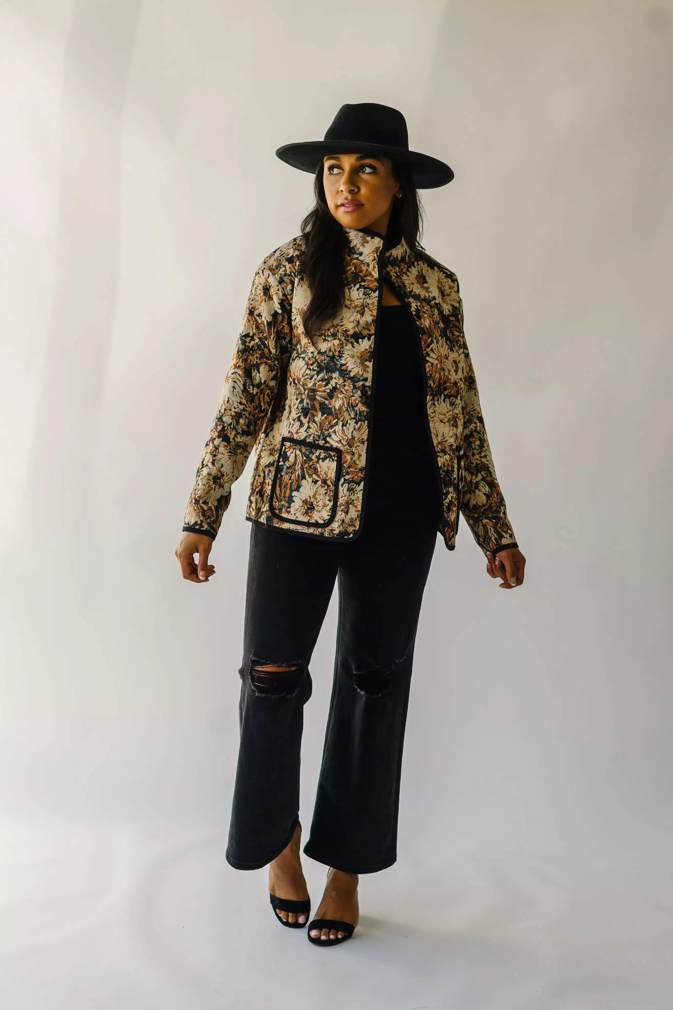 The Ellenton Floral Tapestry Jacket in Black + Natural