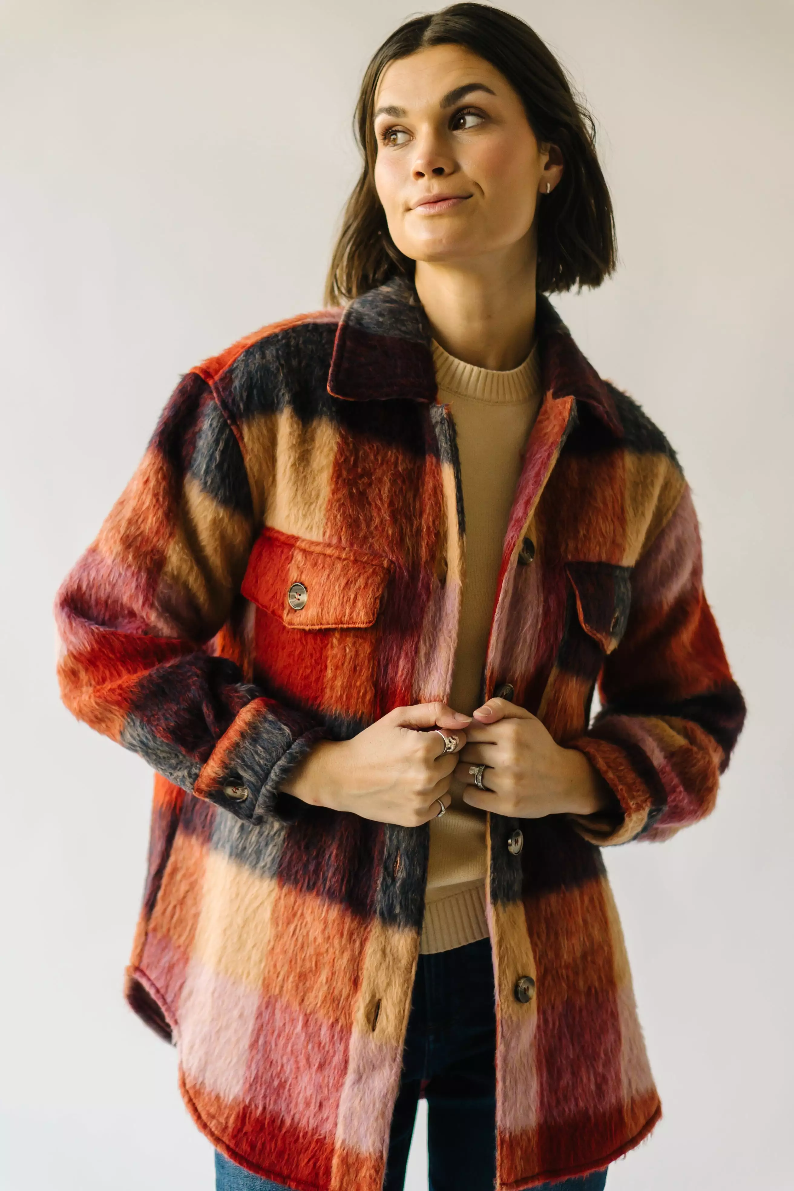 The Ridgely Button-Up Plaid Jacket in Brick Multi