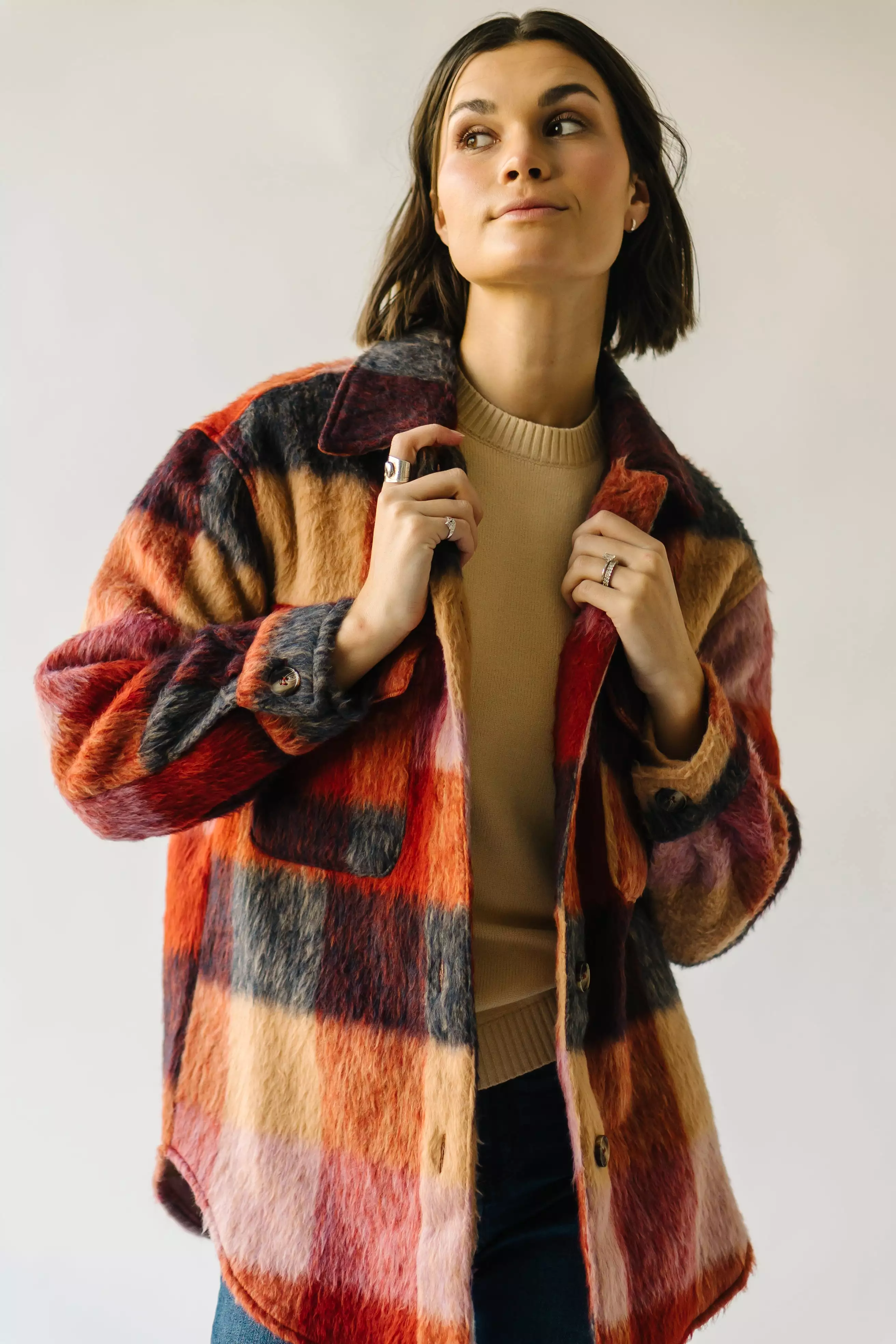 The Ridgely Button-Up Plaid Jacket in Brick Multi