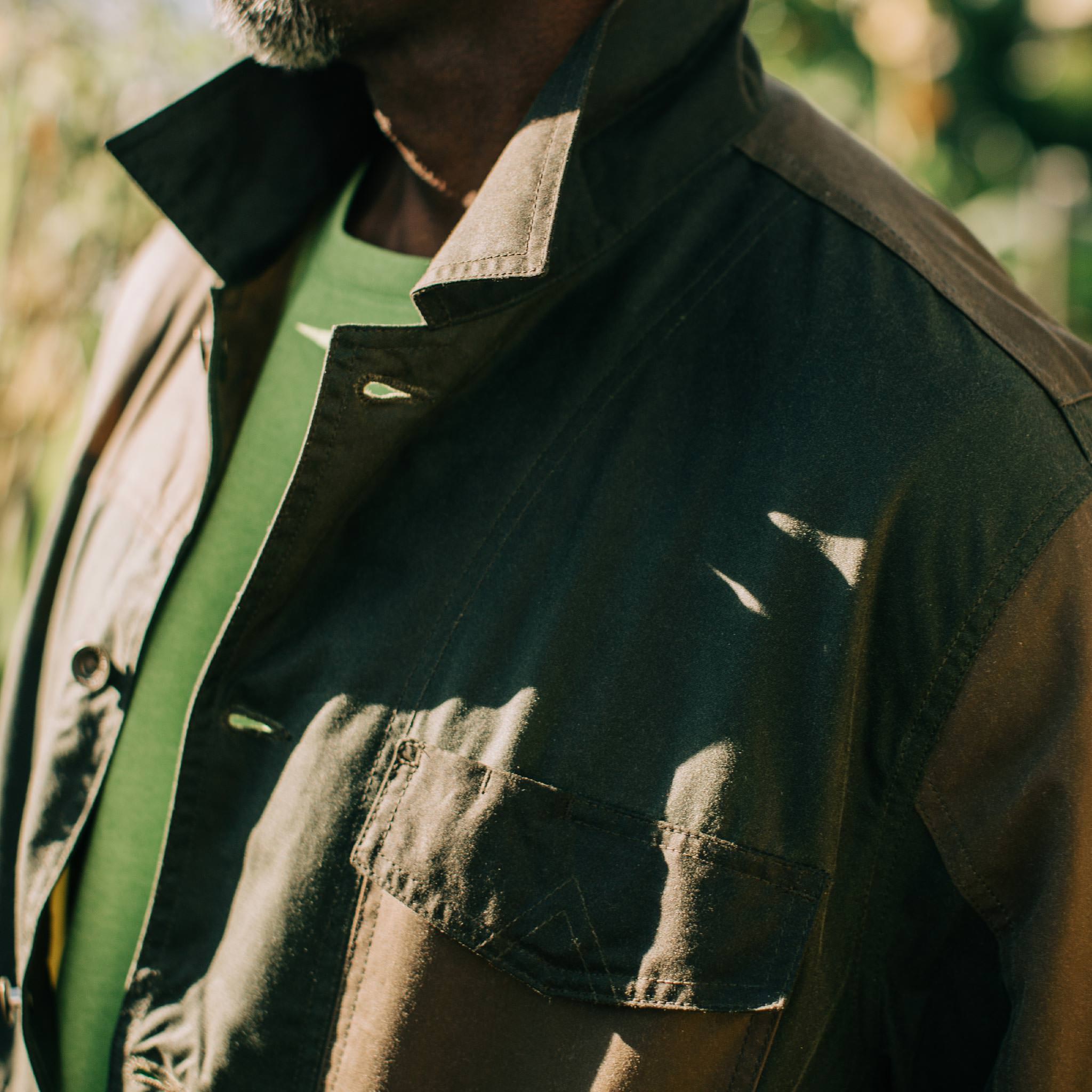 The Task Jacket in Waxed Khaki and Olive Patchwork