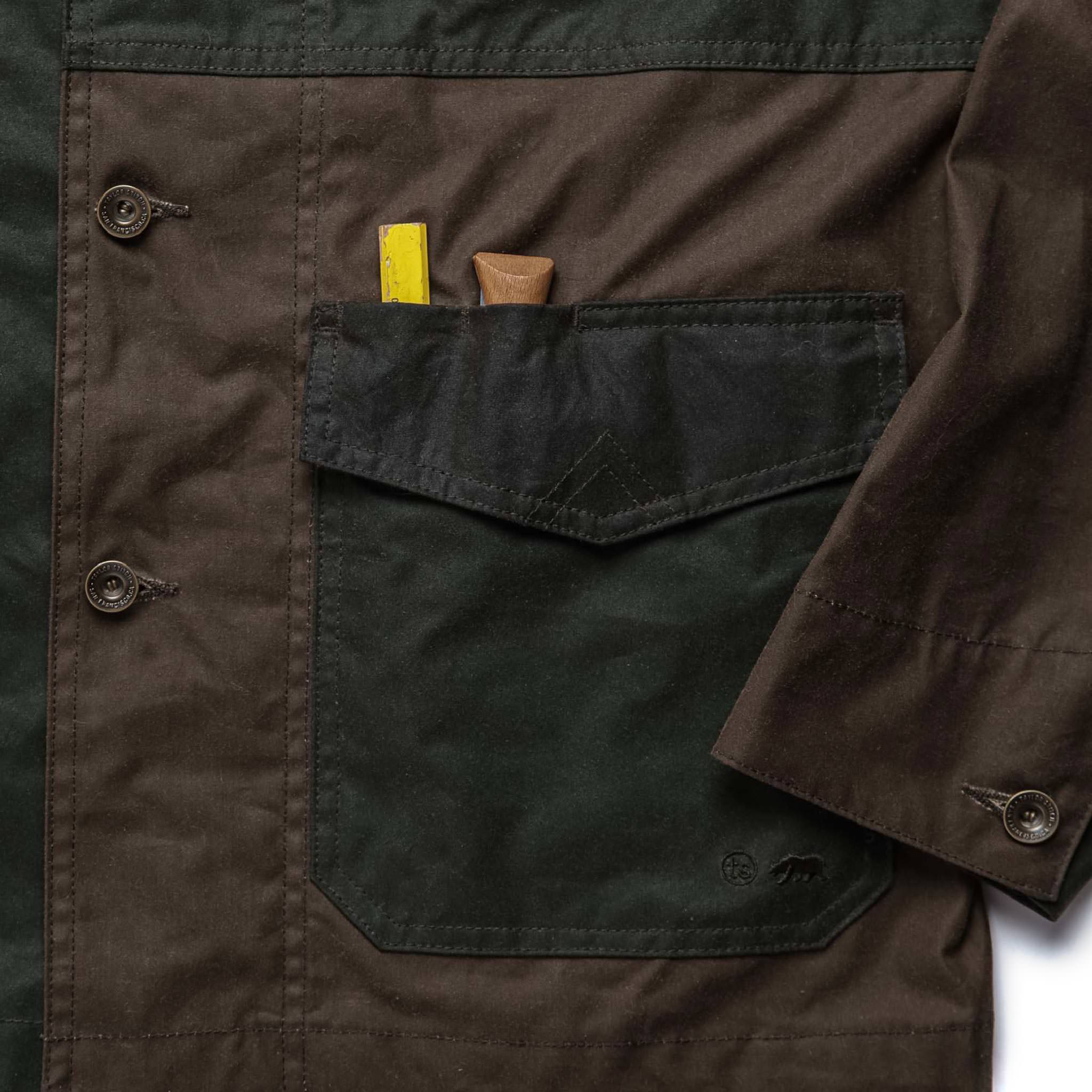 The Task Jacket in Waxed Khaki and Olive Patchwork