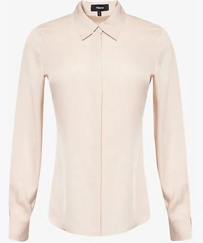 Theory Womens Blush Classic Fit long-sleeve silk-satin shirt