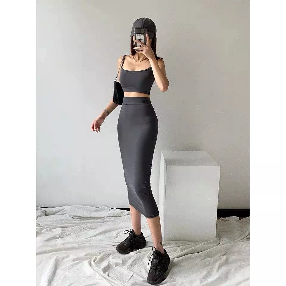 tight hip slim elastic skirt women's suspender vest two piece set