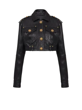 Topstitched cropped leather jacket