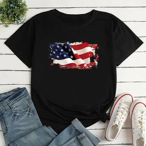 Unisex T-shirt Short Sleeve T-Shirts Printing Casual Letter American Flag