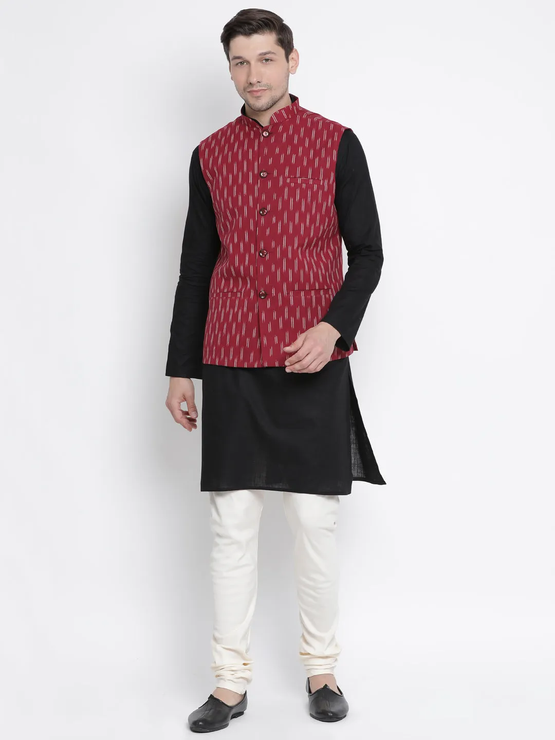 VASTRAMAY Men's Maroon Cotton Ethnic Jacket