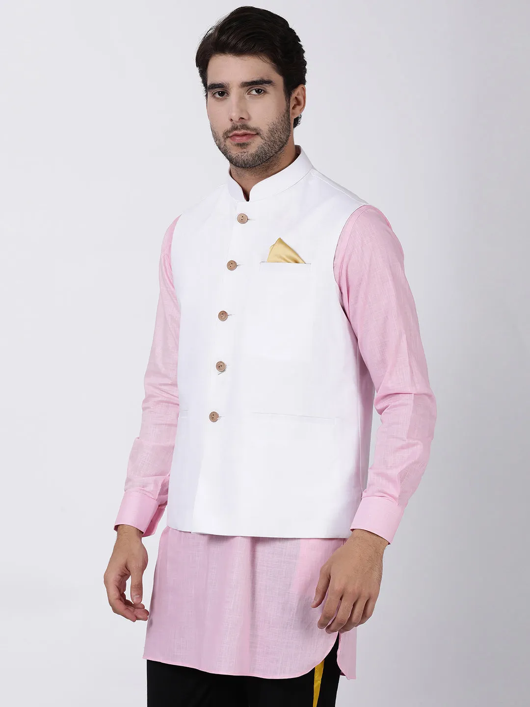 VASTRAMAY Men's White Cotton Ethnic Jacket