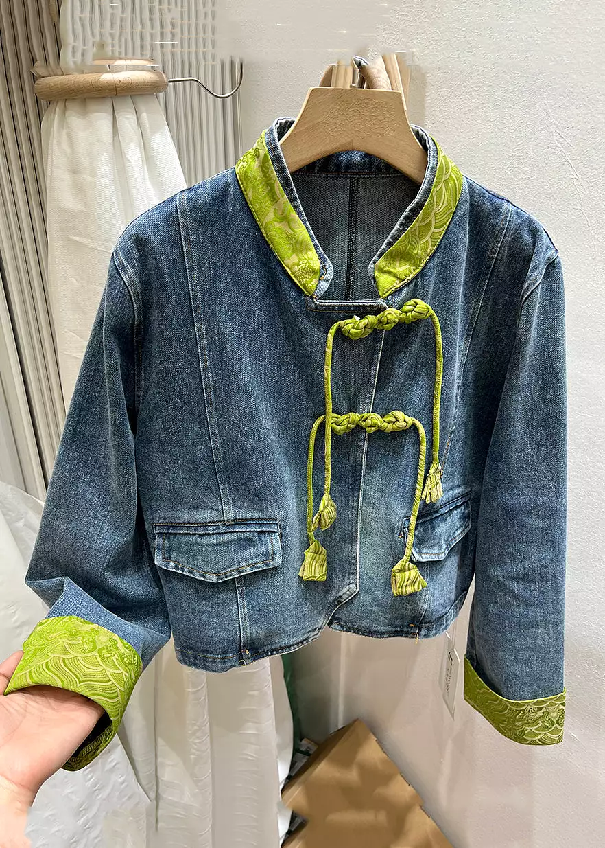 Women Green Stand Collar Chinese Button Denim Coat Spring QA1082