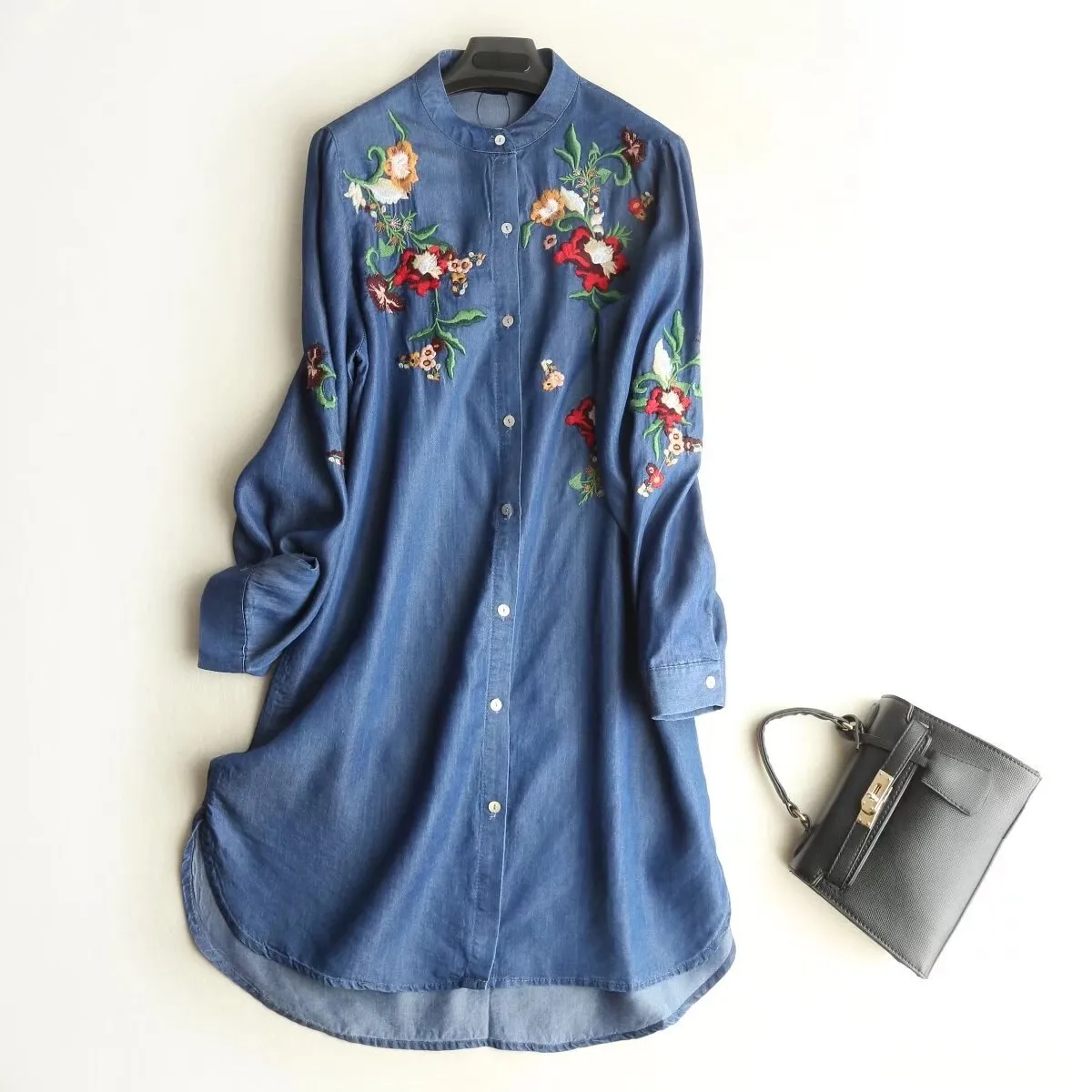 Women Long Sleeve Flower Embroidery Cotton Denim Soft Blouse Shirts Loose Tops