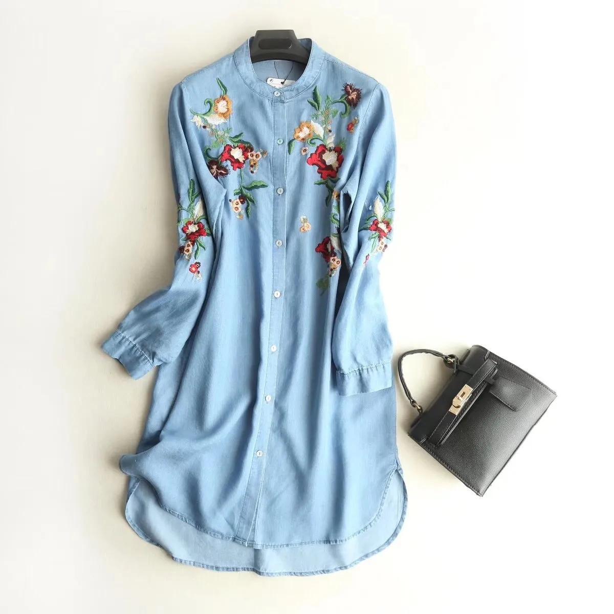 Women Long Sleeve Flower Embroidery Cotton Denim Soft Blouse Shirts Loose Tops