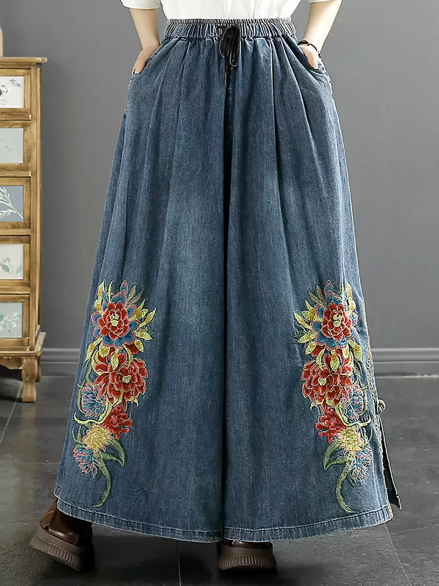 Women Summer Artsy Flower Embroidery Wide-leg Denim Pants CO1043