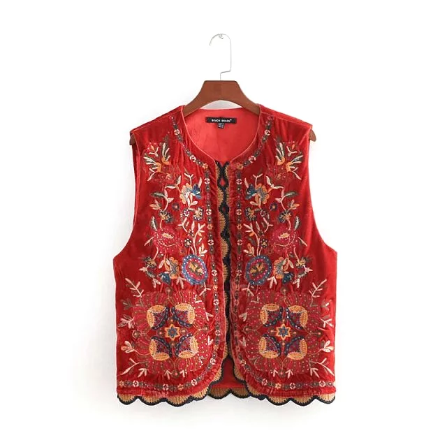 Women Vintage sequins flower embroidery vest jacket ladies retro national style patchwork casual velvet waistCoat CT154