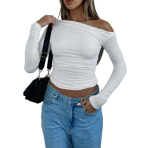 Women's T-shirt Long Sleeve T-shirts Pleated Sexy Solid Color