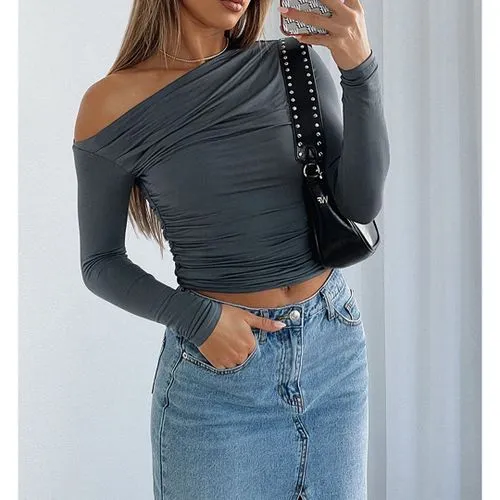 Women's T-shirt Long Sleeve T-shirts Pleated Sexy Solid Color