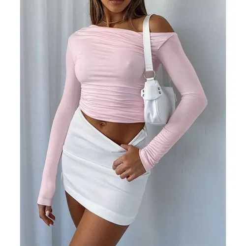 Women's T-shirt Long Sleeve T-shirts Pleated Sexy Solid Color