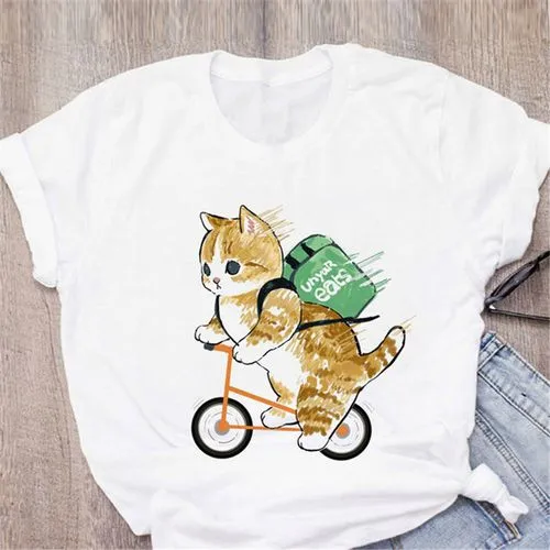 Women's T Shirt Short Sleeve T-shirts Printing Casual Fruit Cat