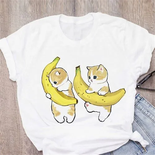 Women's T Shirt Short Sleeve T-shirts Printing Casual Fruit Cat