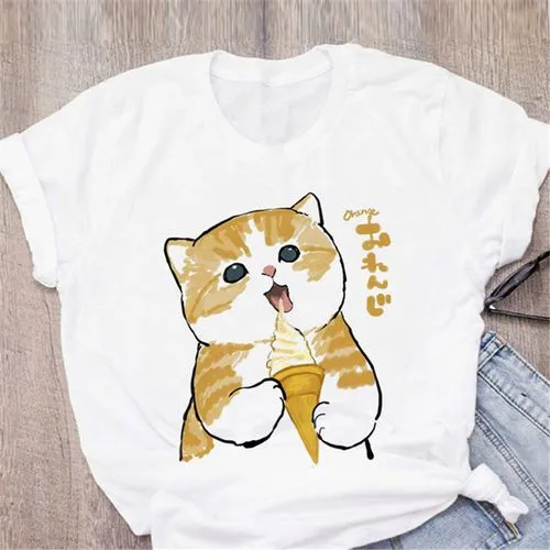 Women's T Shirt Short Sleeve T-shirts Printing Casual Fruit Cat