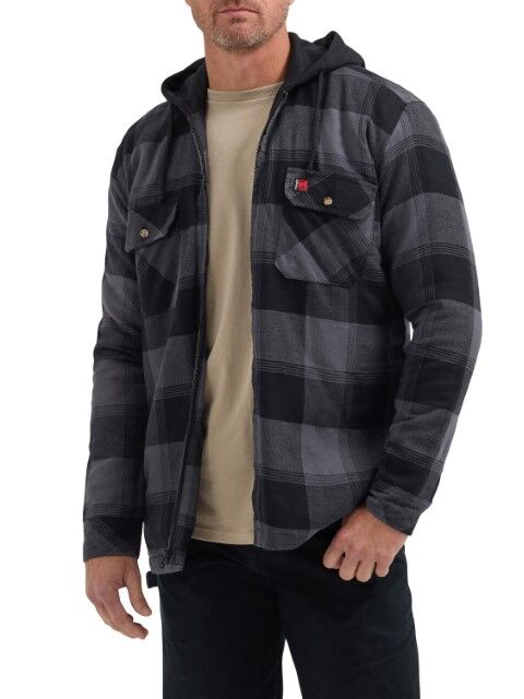 Wrangler Men's Riggs Workwear Relaxed Fit Flannel Hooded Jacket in Black Plaid