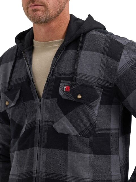 Wrangler Men's Riggs Workwear Relaxed Fit Flannel Hooded Jacket in Black Plaid