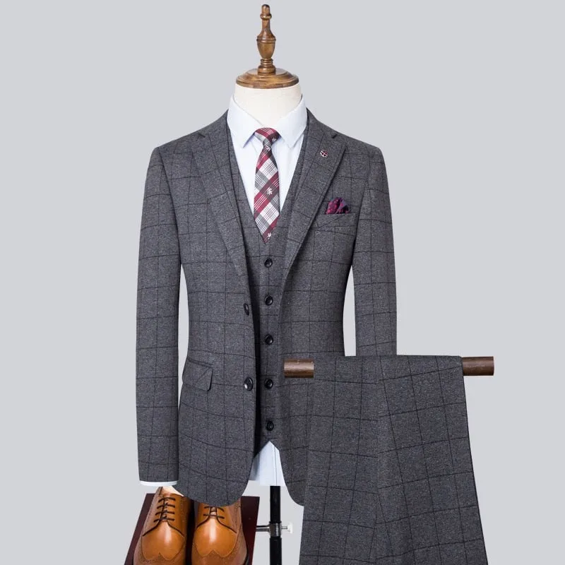 Xituodai (Blazers+Pants+Vest) Sets Spring Autumn New Fashion Lapel Suits  Men's Casual Business Plaid 3 Piece Suit Jacket Coat T