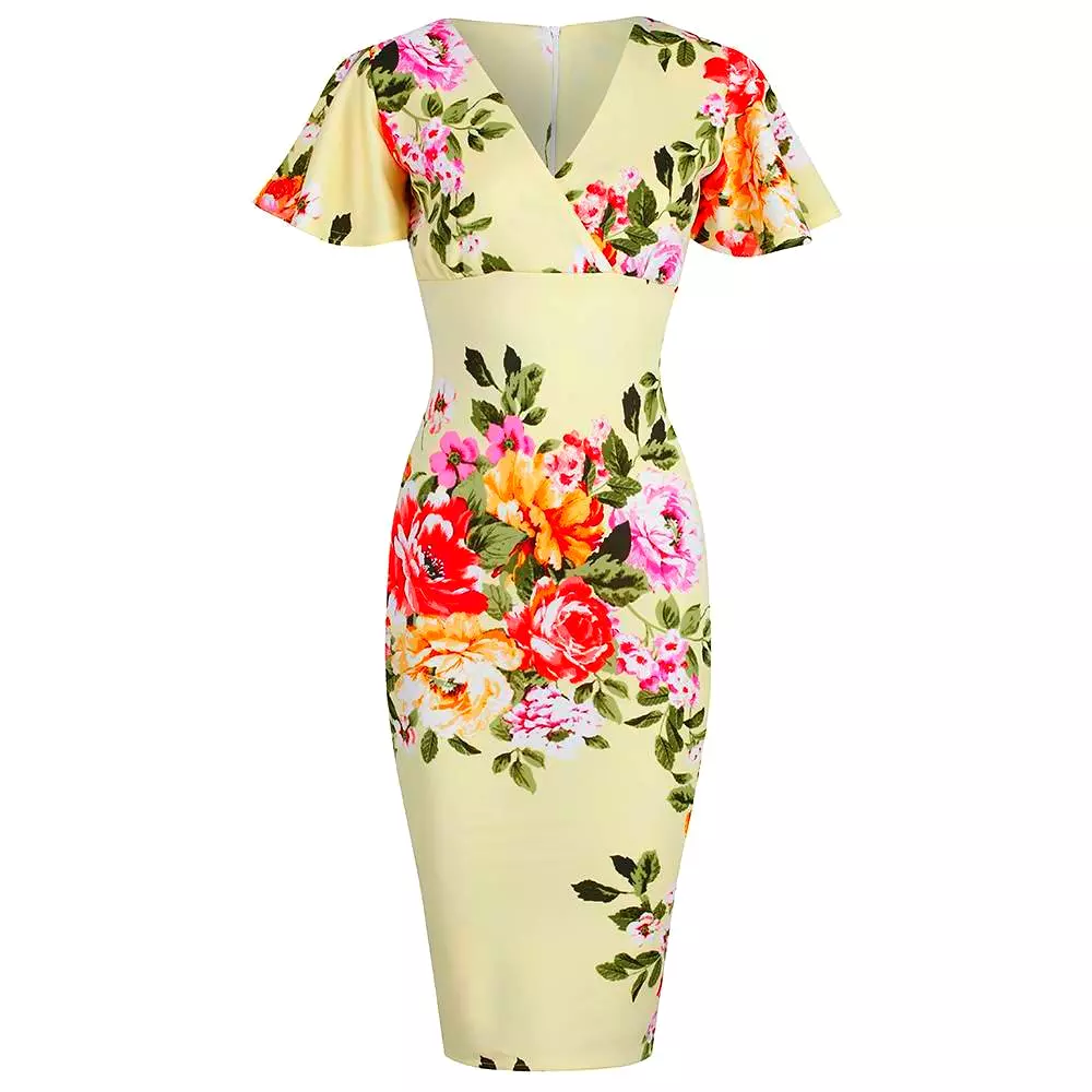 Yellow Floral Half Sleeve Deep V Neck Crossover Top Wiggle Dress